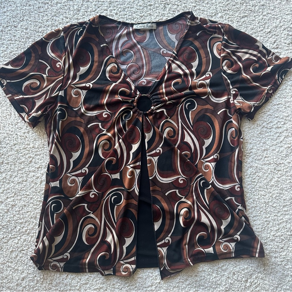 Y2K Brown Swirl Print Blouse – Size Large